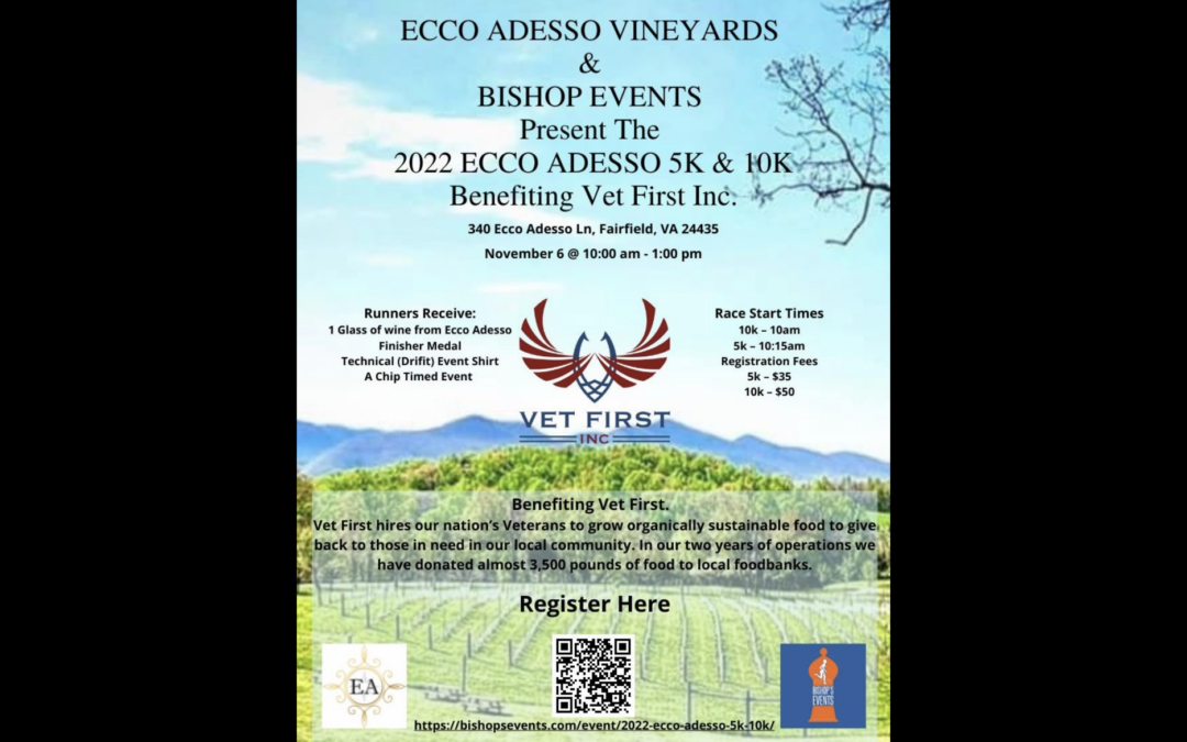 Ecco Adesso + Vet First Inc. 5K & 10K Charity Run This Weekend!